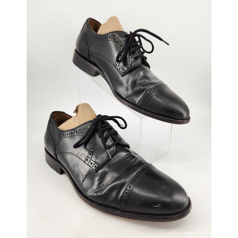 Johnston & Murphy Cap Toe Brogue Oxford Shoes Mens 9.5 W Black Leather Lace Up
